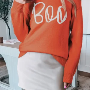 Playful Orange Boo Print Casual Knit Sweater Perfect for Fall Halloween Celebrations