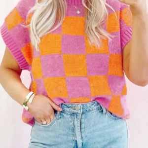 Stylish Strawberry Pink Plaid Ribbed Tank Top for Casual Chic Looks by Southern Belle