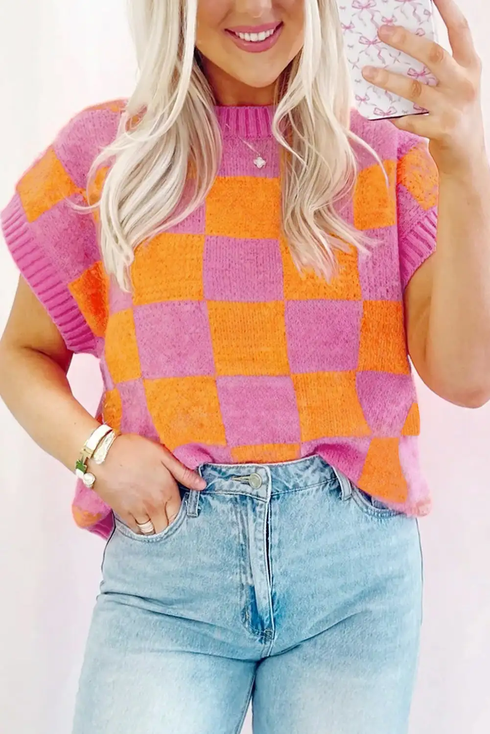 Strawberry Pink Plaid Ribbed Tank Top