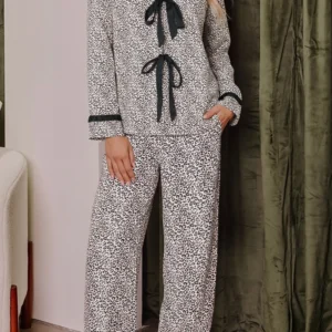 Brown Leopard Patchwork Bow Knot Loungewear Set