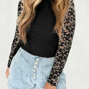 Black Floral Lace Patchwork High-Neck Long-Sleeve Slim Top