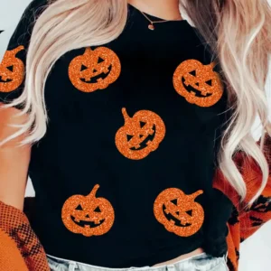 Sparkling Black Glitter Pumpkin Face Graphic T-Shirt for Halloween Casual Wear Summer Celebrations