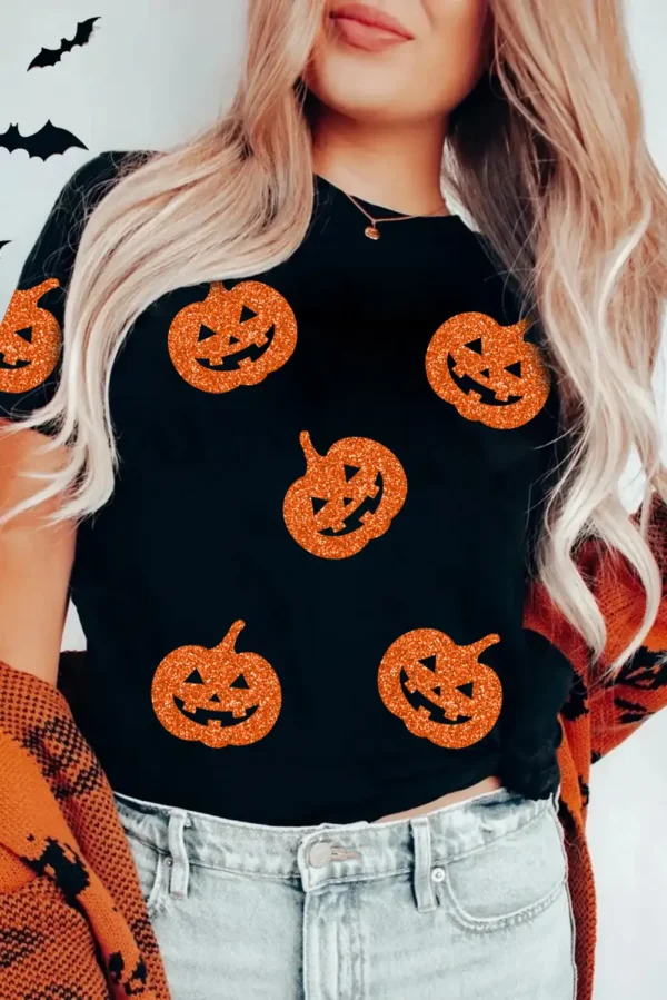 Black Glittering Pumpkin Face Halloween T Shirt