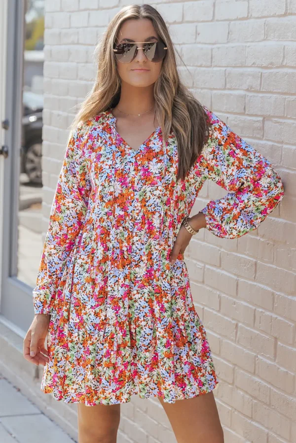 Charming Multicolor Floral Neck Tie Dress