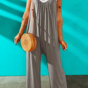 Gray Spaghetti Straps Wide Leg Pocketed Jumpsuits in Casual Style