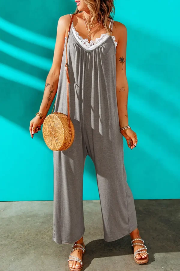 Gray Spaghetti Straps Wide Leg Pocketed Jumpsuits in Casual Style