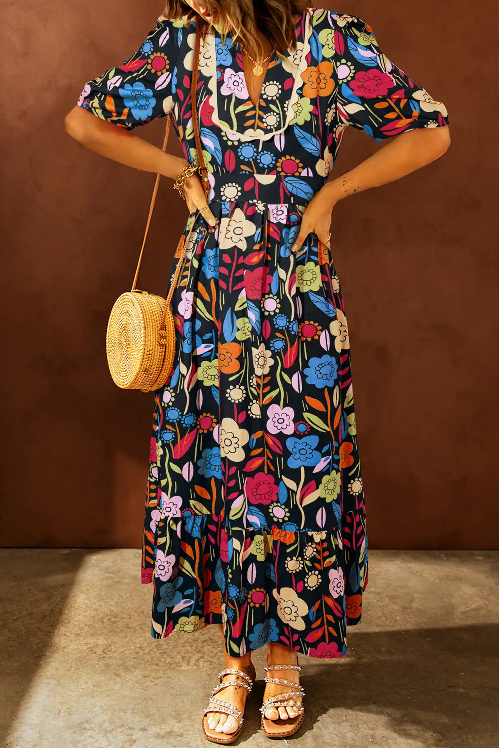 Charming Black Retro Floral Maxi Dress