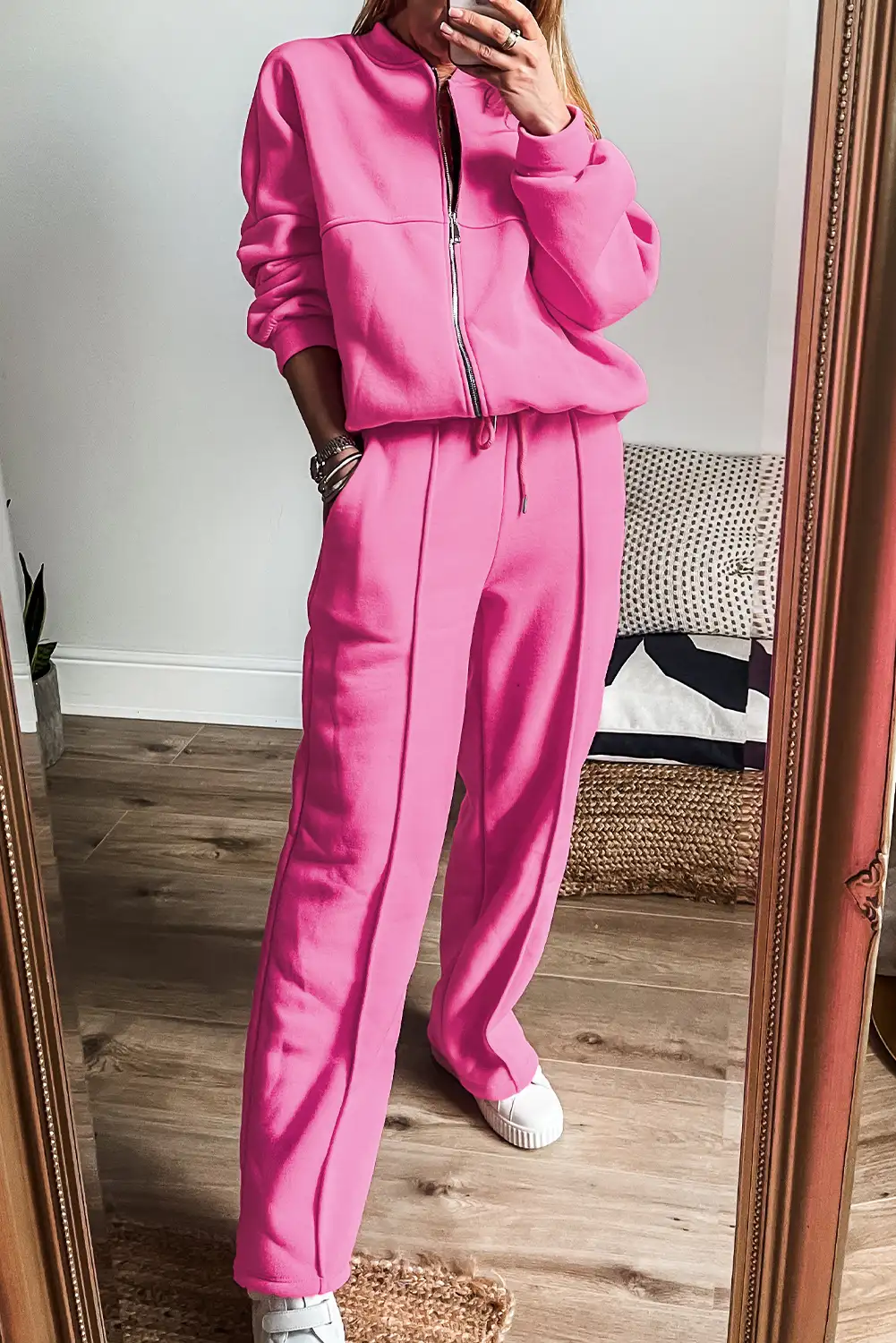 Vibrant Pink Zipper Jacket and Drawstring Pants Set