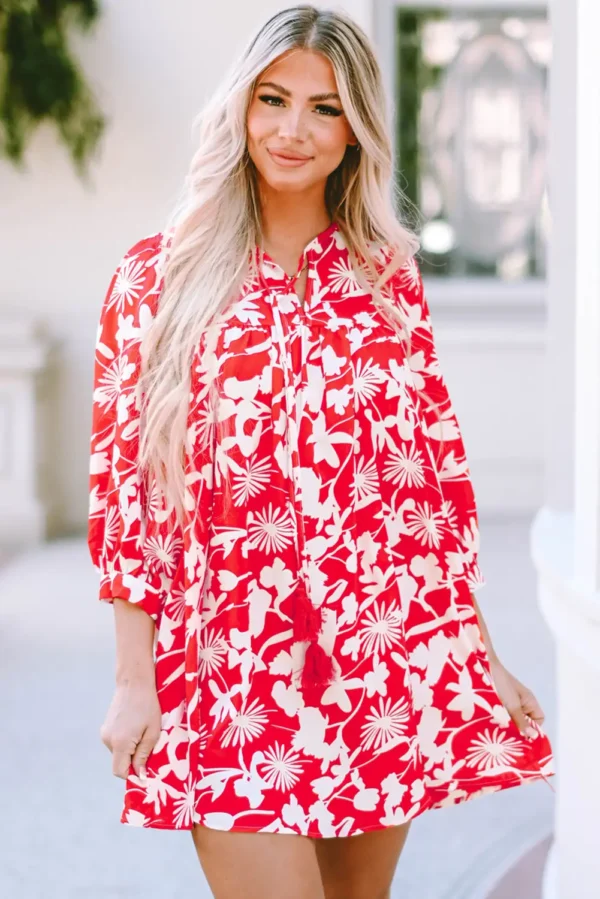 Floral Print Puff Sleeve Red Babydoll Mini Dress