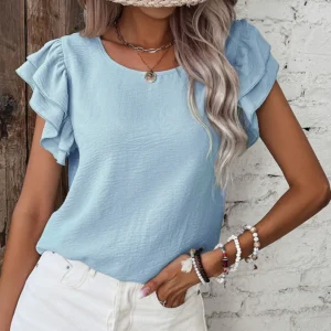 Mist Blue Ruffled Short Sleeve Blouse — Elegant Solid Color Top