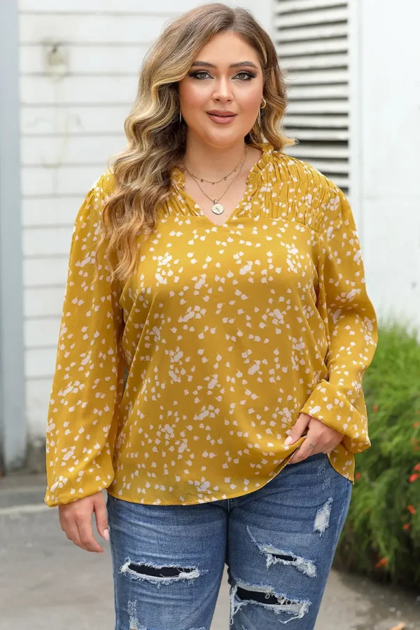 Elegant Yellow Floral Ruched Split Neck Blouse