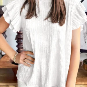 White Textured Ruffle Short Sleeve Blouse