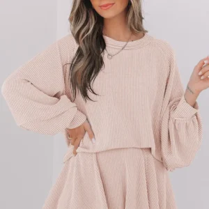 Jet Stream Corded Lantern Sleeve Two-Piece Set – High-Waist Ruffled Mini Skirt