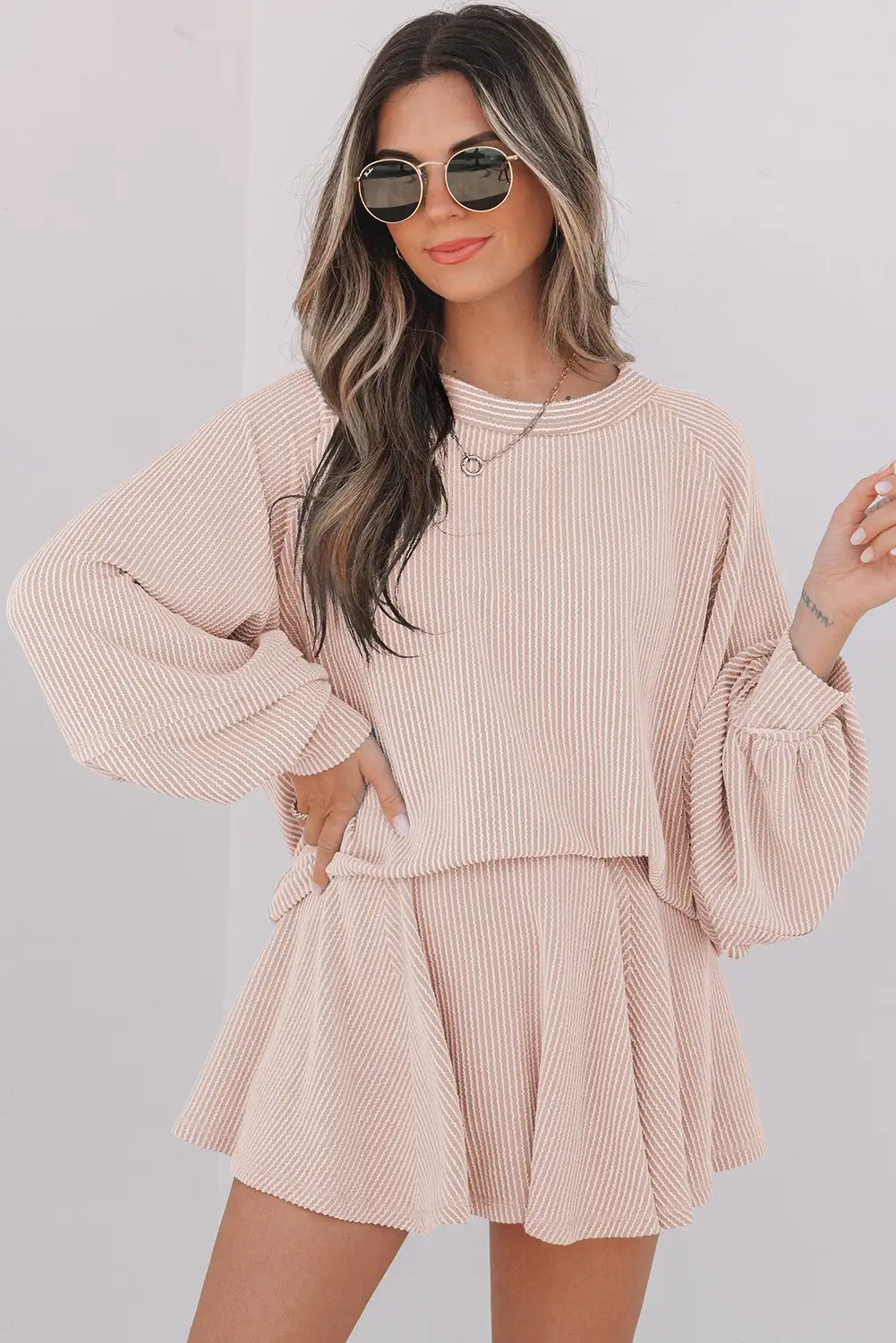 Jet Stream Corded Lantern Sleeve Two-Piece Set – High-Waist Ruffled Mini Skirt
