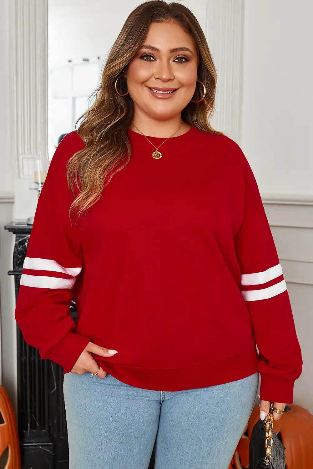 Fiery Red Varsity Stripe Crew Neck Plus Sweatshirt