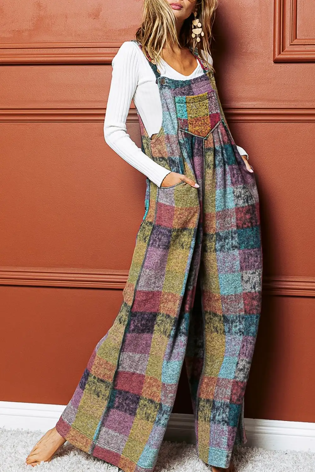Boho Multicolour Brushed Checkered Wide Leg Overalls