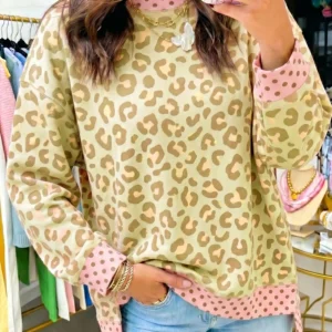 Khaki Leopard Polka Dot Colorblock Long Sleeve Top