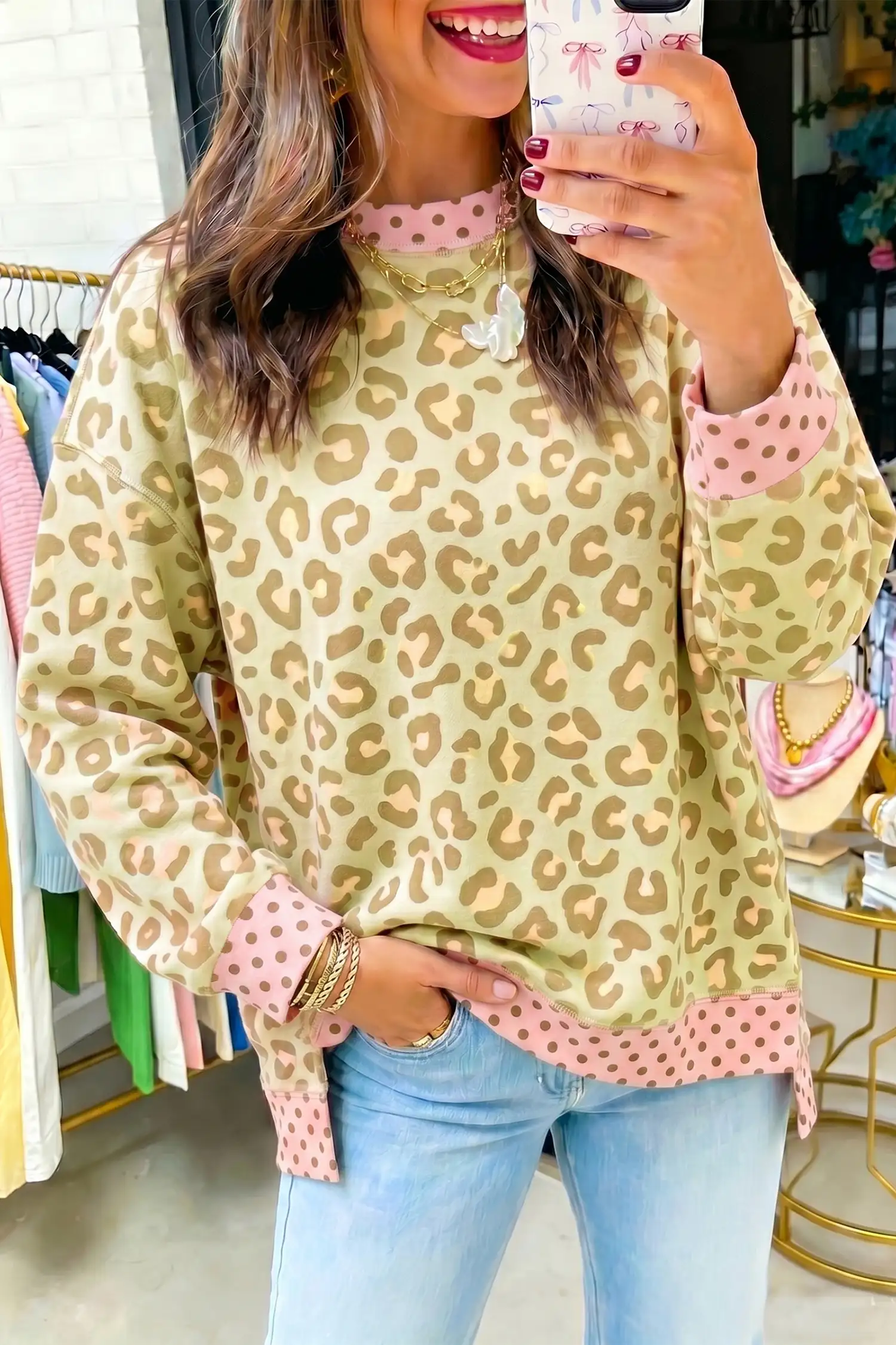 Khaki Leopard Polka Dot Colorblock Long Sleeve Top