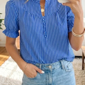 Blue Stripe Puff-Sleeve Button-Front Blouse with Western Flair