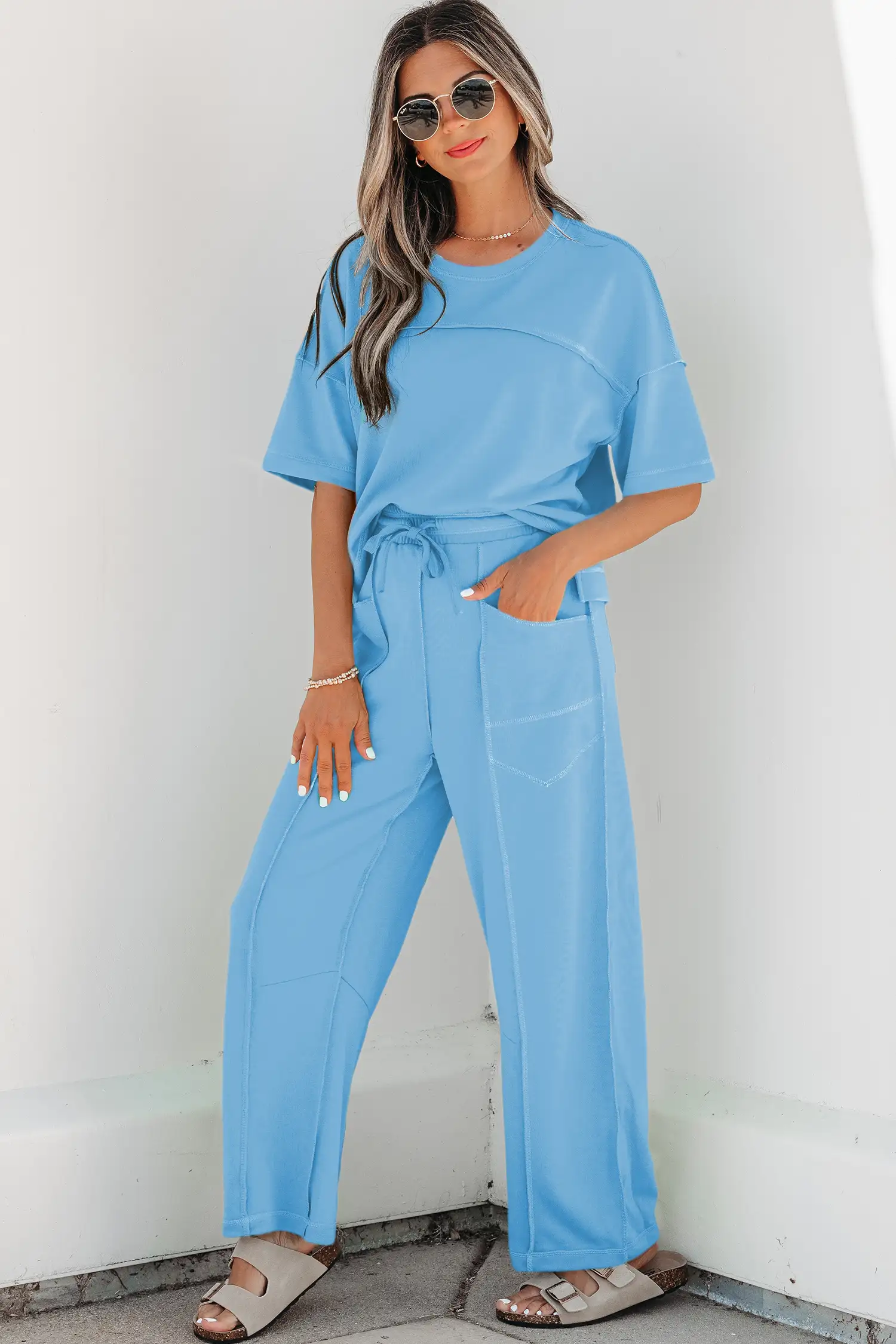 Sky Blue Boxy Tee & Barrel Pants Set — Casual Two-Piece