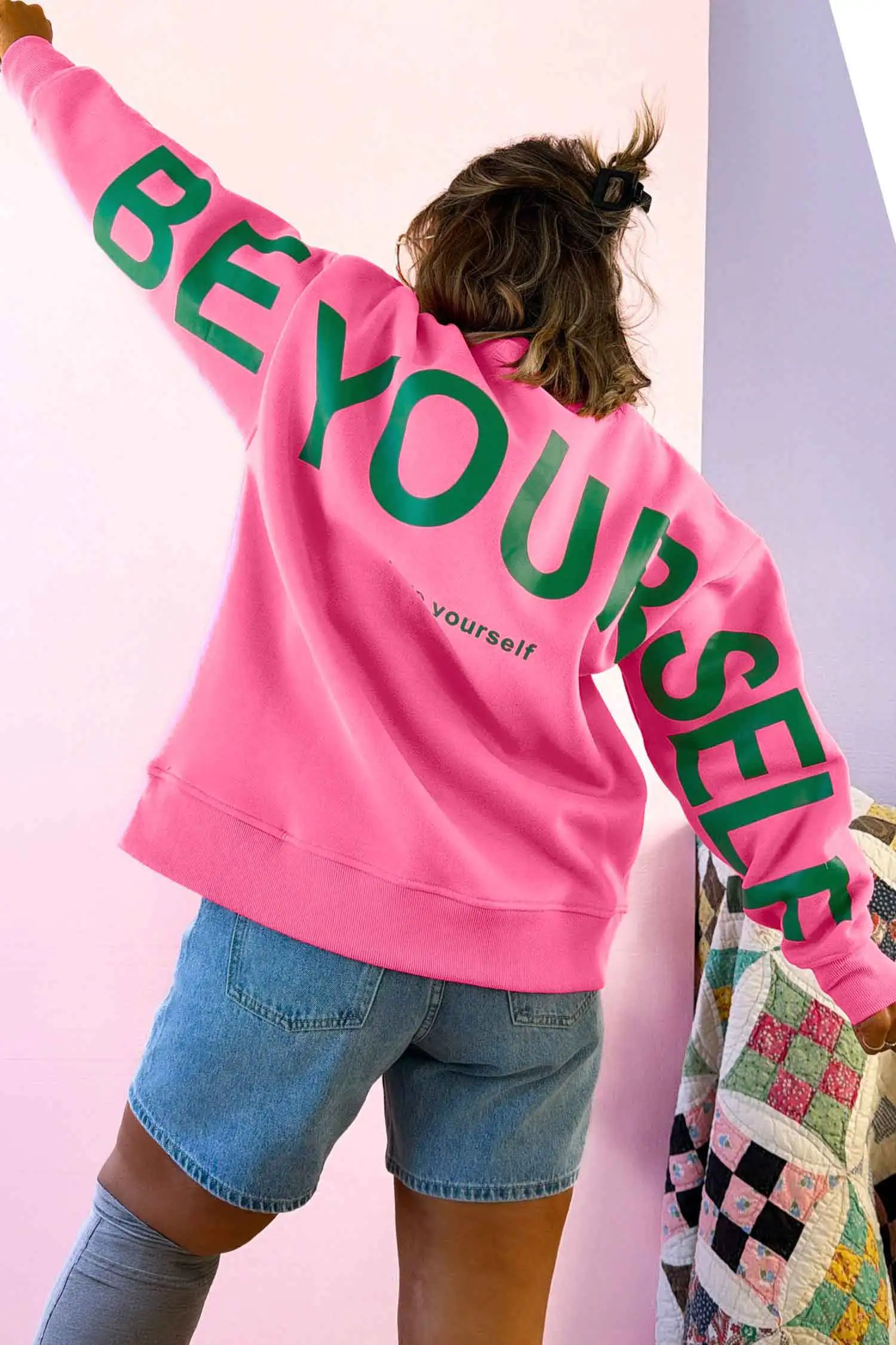 Sachet Pink Slogan Sweatshirt – Round Neck, Long Sleeve, Relaxed Fit