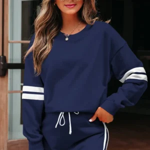 Navy Blue Varsity Stripe Drop Shoulder Skort Set