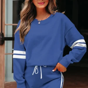 Sky Blue Varsity Stripe Drop-Shoulder Two-Piece Skort Set