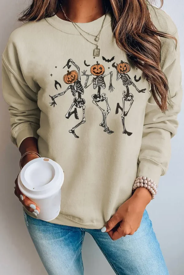 Khaki Skeleton Pumpkin Graphic Sweatshirt