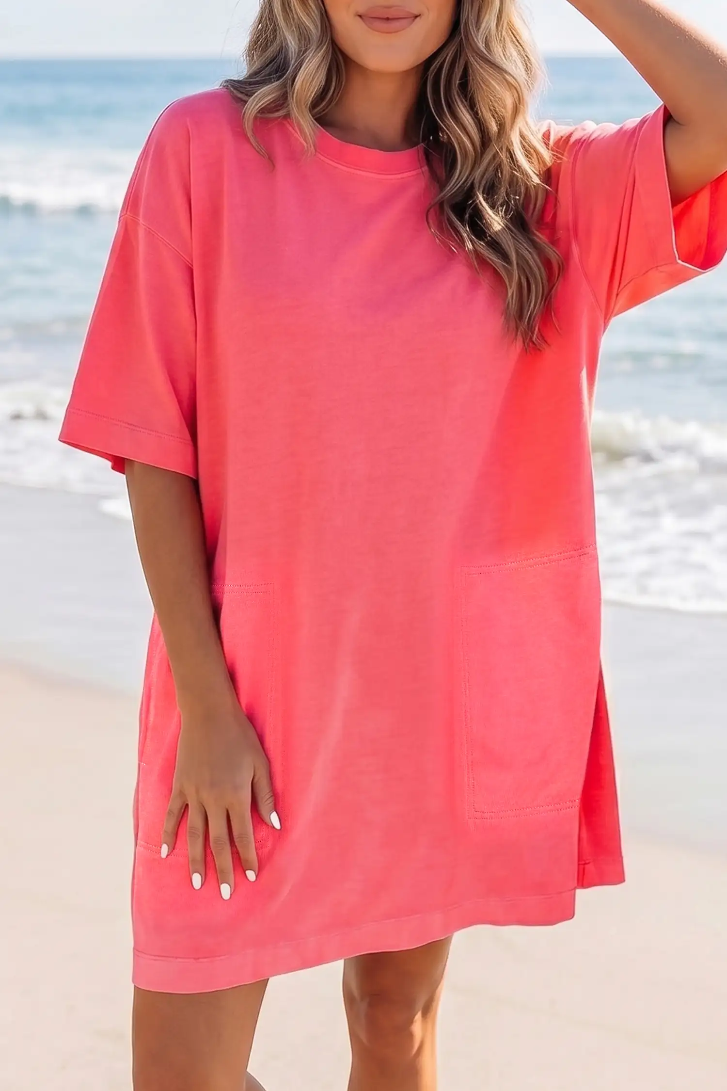 Coral Paradise Solid Drop-Shoulder Shift Tee Dress