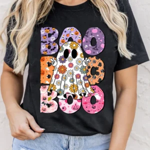 Spooky Floral Ghost Print Halloween Graphic Tee for Casual Summer Fun