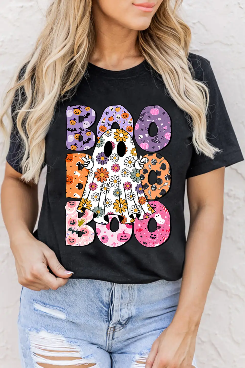 Spooky Floral Ghost Print Halloween T Shirt