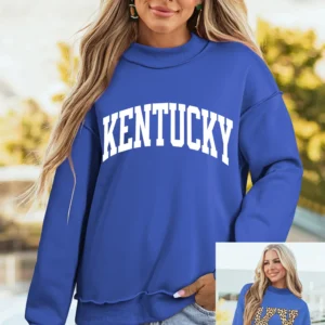 Dark Blue Kentucky Leopard Letter Print Reversible High Neck Sweatshirt