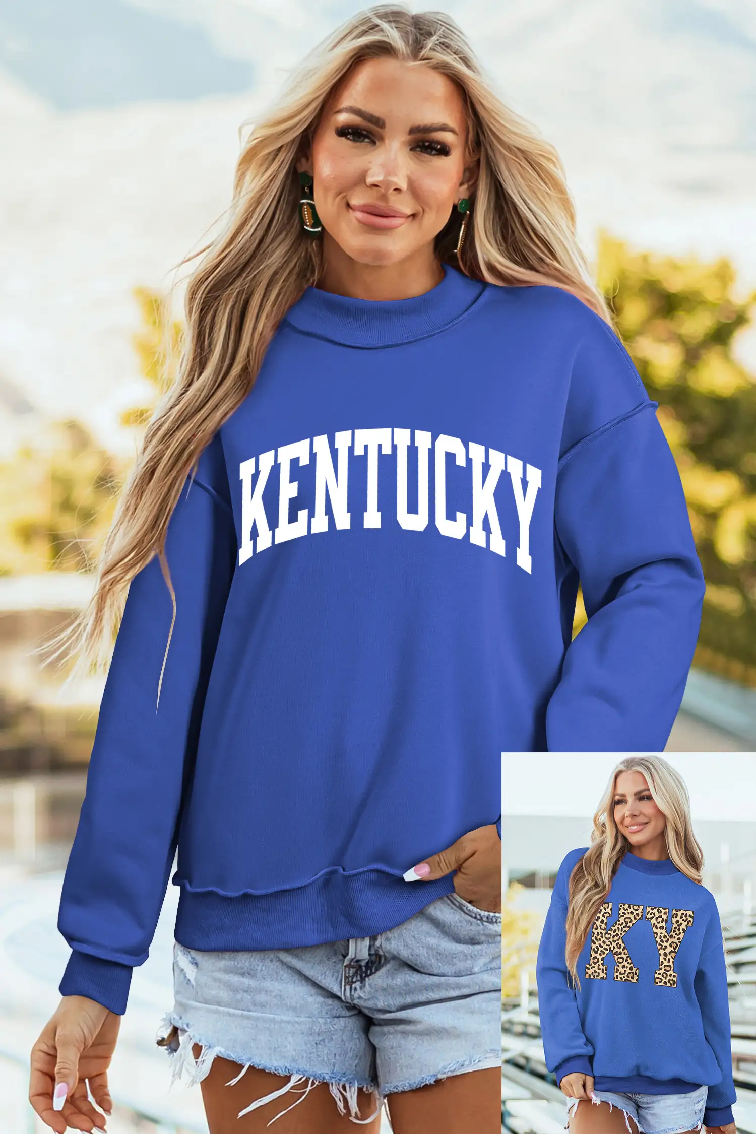 Dark Blue Kentucky Leopard Letter Print Reversible High Neck Sweatshirt