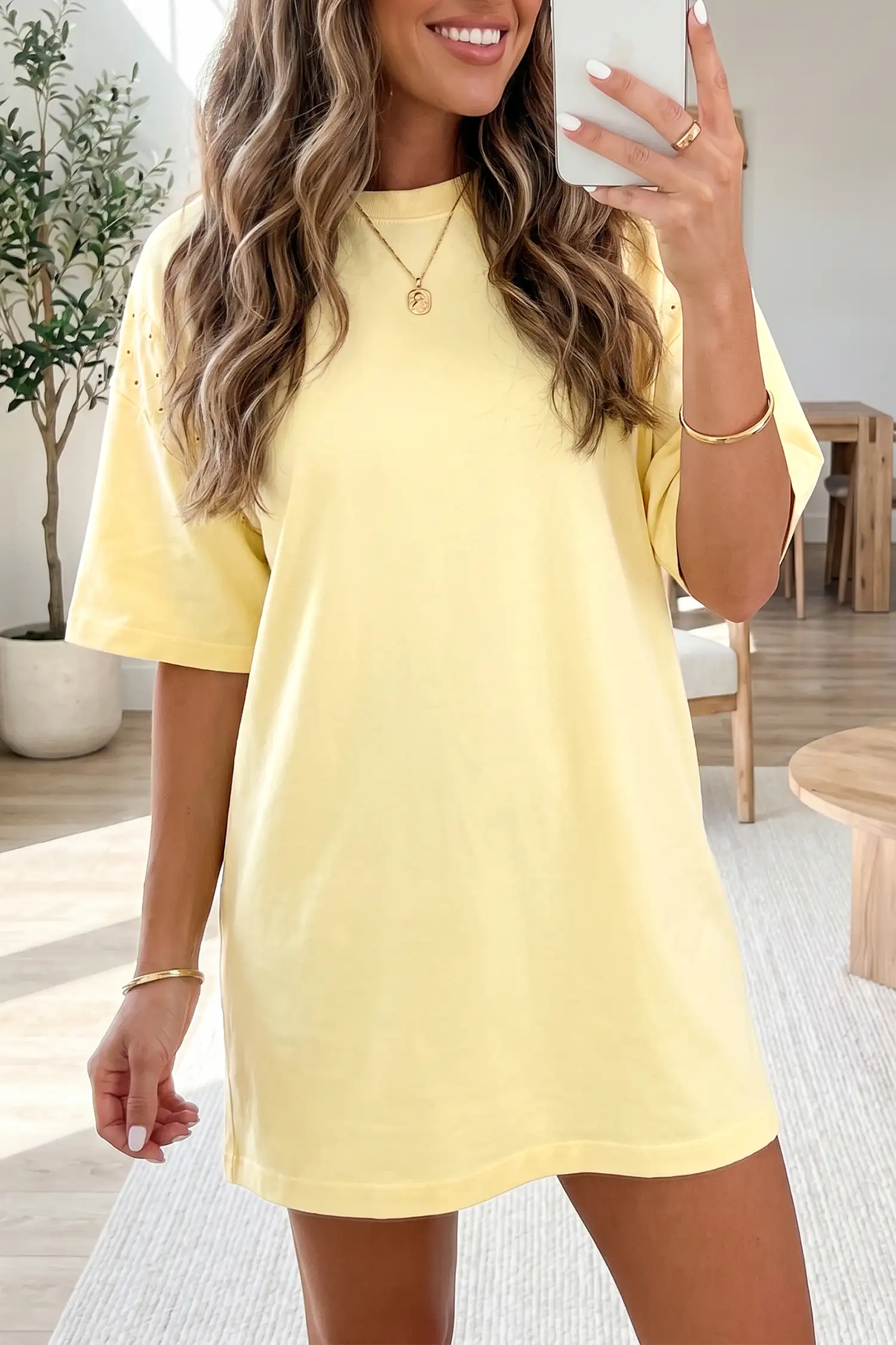 Yellow Cream Eyelet Lace Patchwork Tee Dress