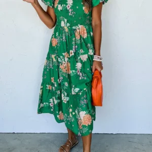 Fresh Green Floral Smocked Dress with Bubble Sleeves Perfect for Summer Vacation Outfits