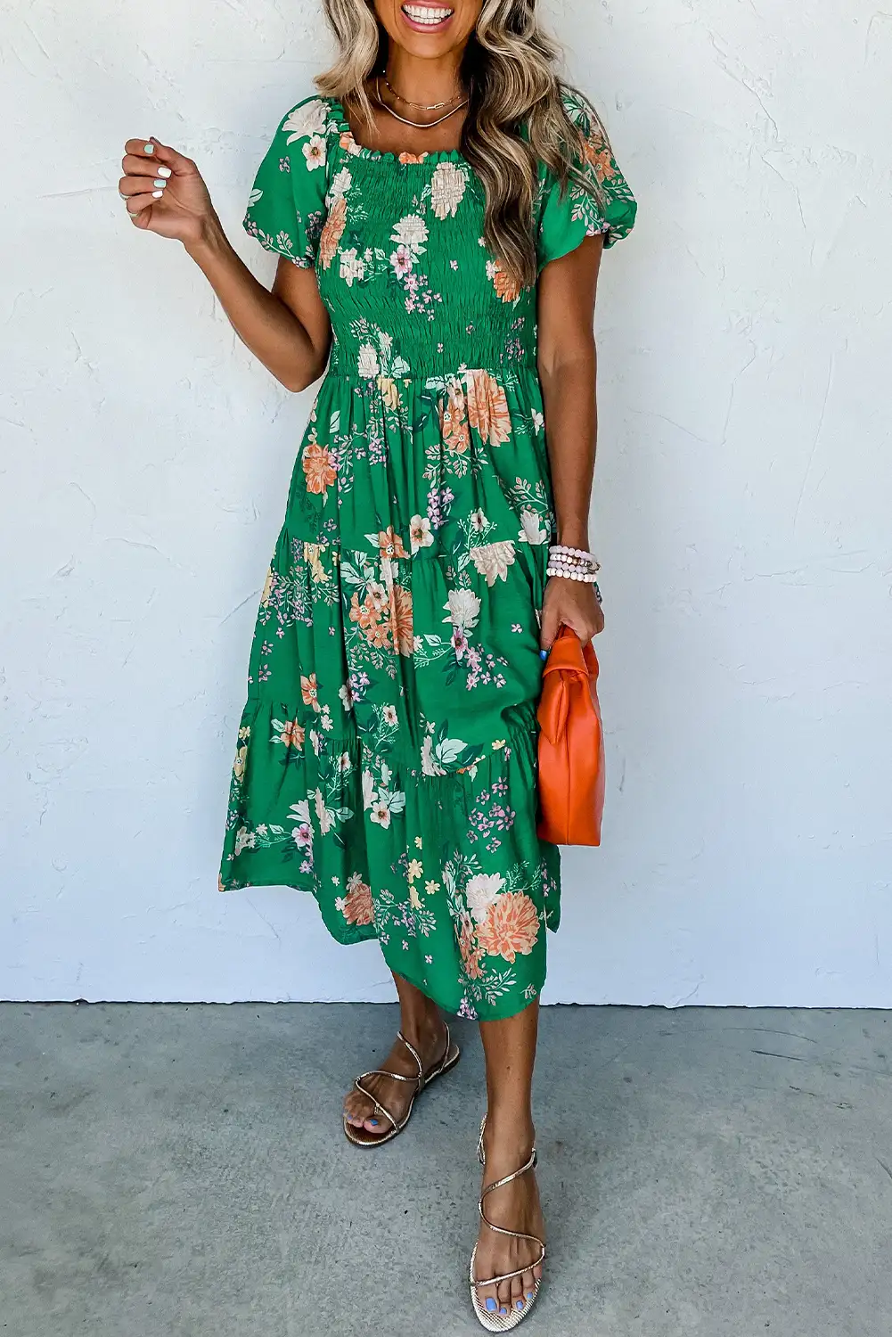 Fresh Green Floral Smocked Dress