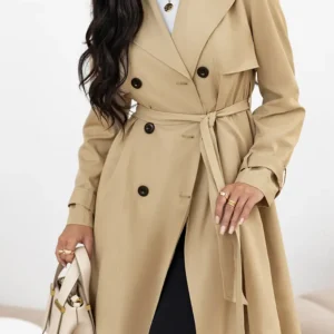 Pale Khaki Lapel-Collar Wind Coat with Waist Tie