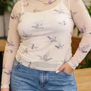 Beige Mesh Duck-Print Tunic Blouse – Plus Size, Long Sleeve, Round Neck, Western Flair
