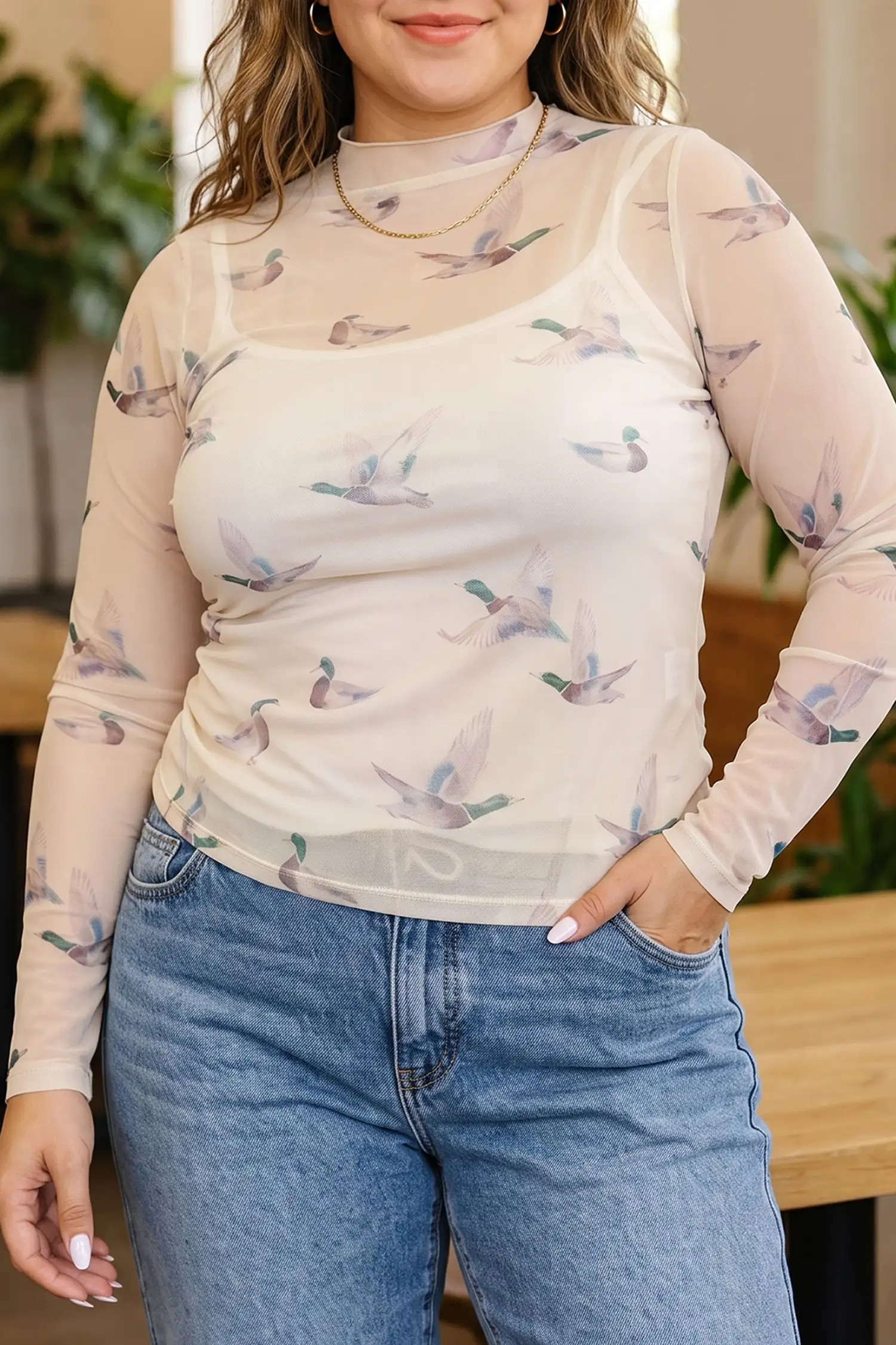 Beige Mesh Duck-Print Tunic Blouse – Plus Size, Long Sleeve, Round Neck, Western Flair