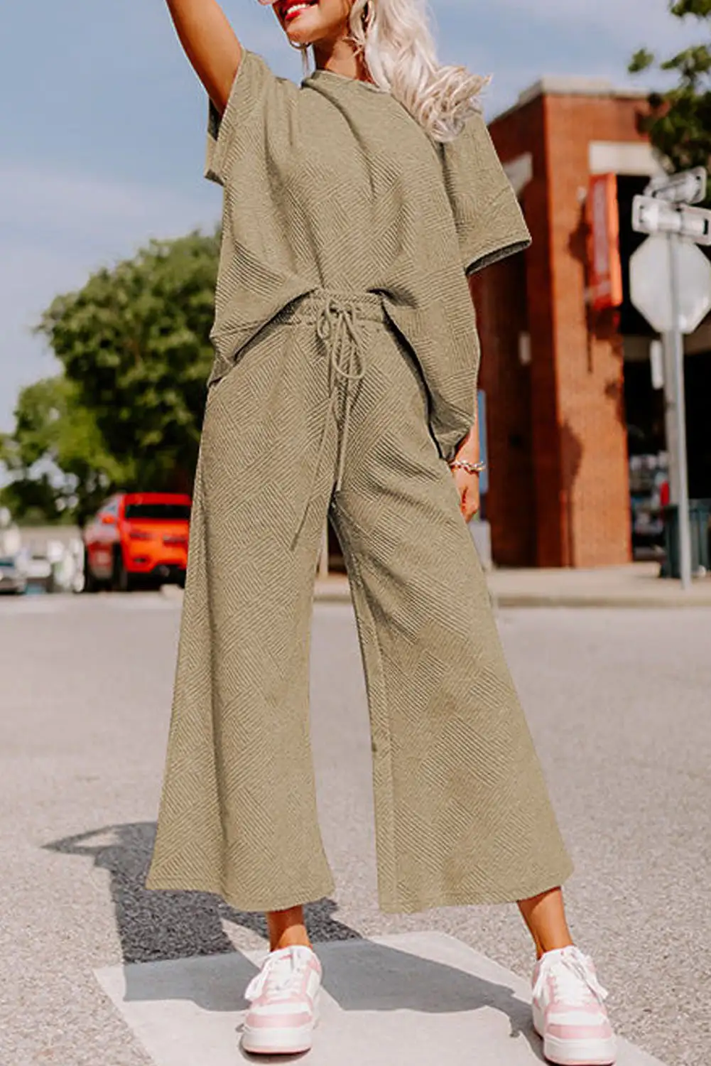 Pale Khaki Textured Pants Set