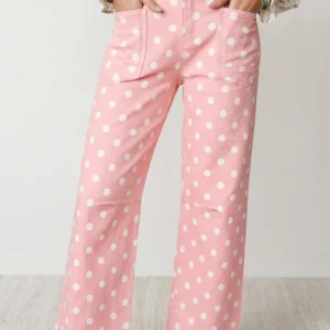 Pink Polka Dot Casual Jeans – High-Waist Shift with Patch Pockets