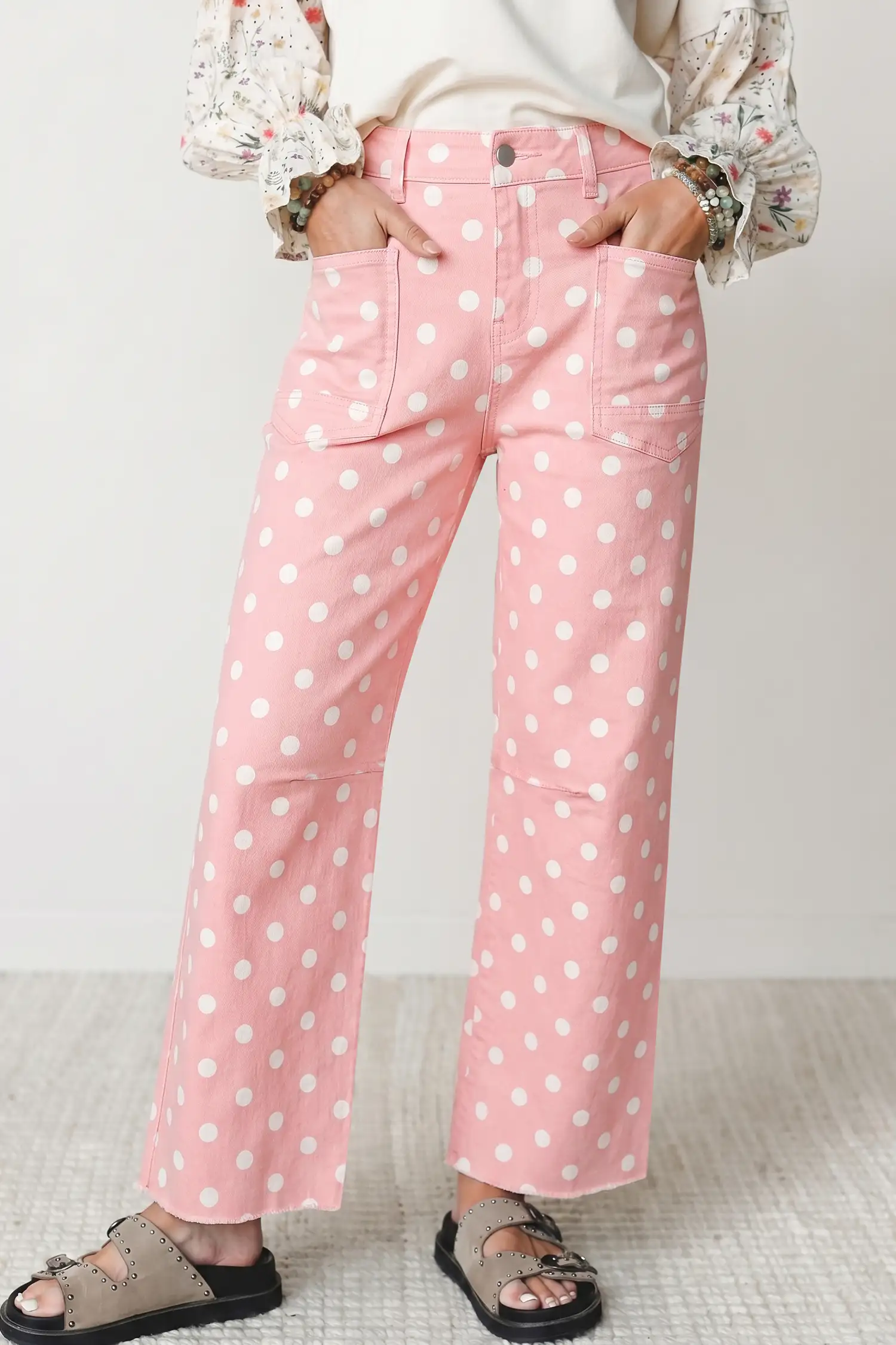 Pink Polka Dot Casual Jeans – High-Waist Shift with Patch Pockets
