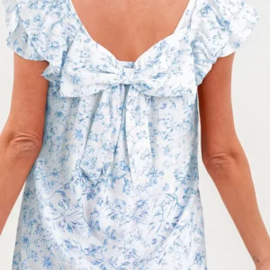 Sky Blue Floral Bow-Back Blouse with Square Neck