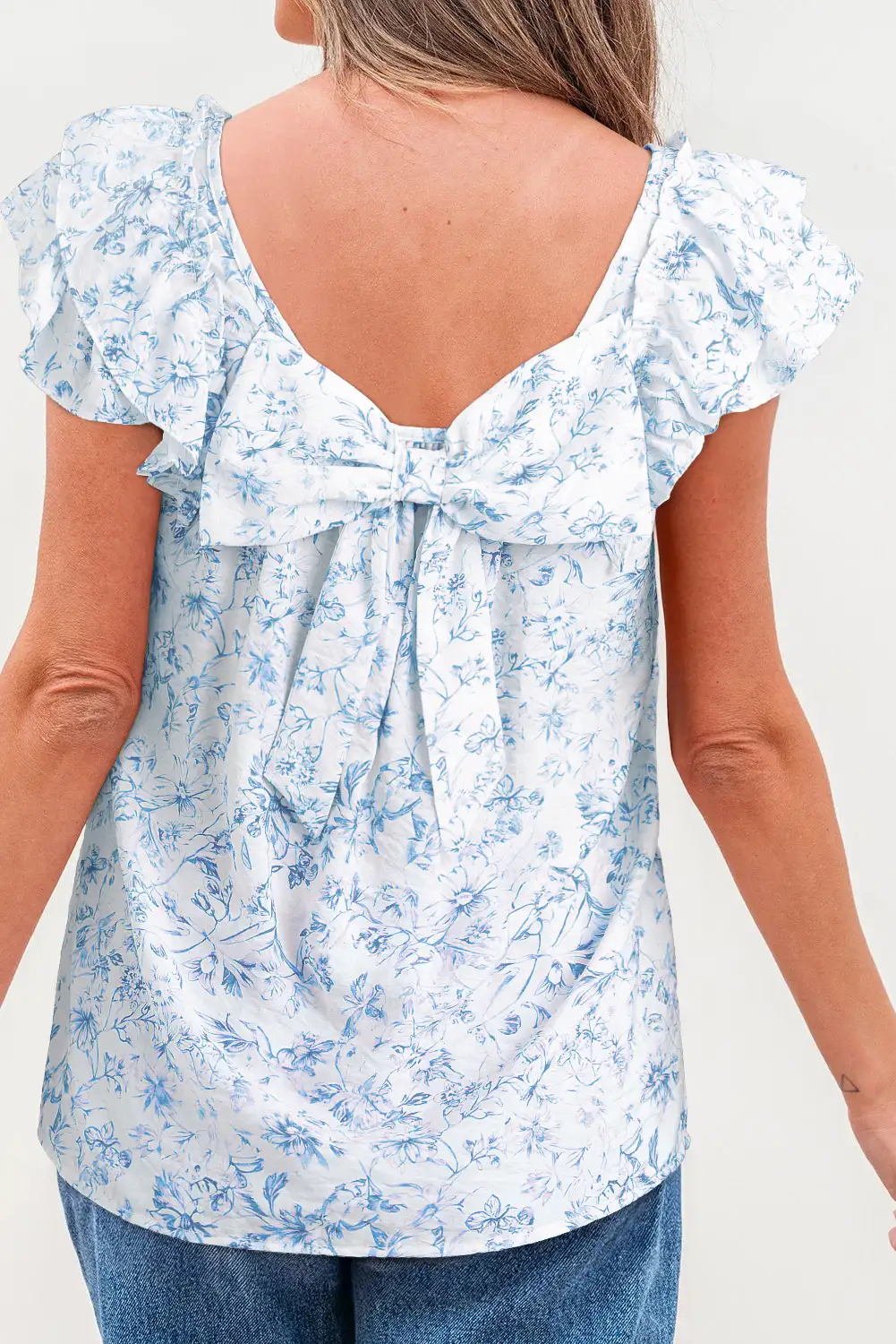 Sky Blue Floral Bow-Back Blouse with Square Neck