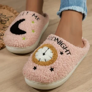 Cozy Light Pink Moon & Clock Fuzzy Home Slippers
