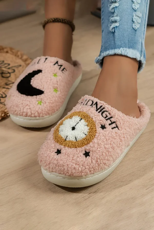 Cozy Light Pink Moon & Clock Fuzzy Home Slippers