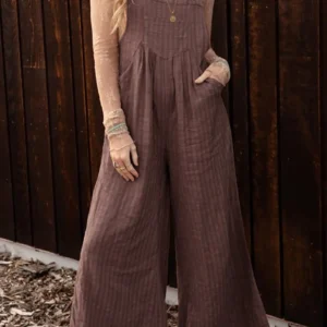 Chicory Coffee Striped Pleated Wide Leg Pocketed Jumpsuit