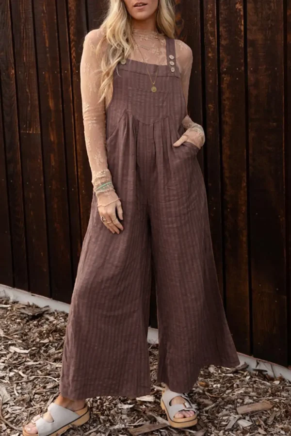 Chicory Coffee Striped Pleated Wide Leg Pocketed Jumpsuit