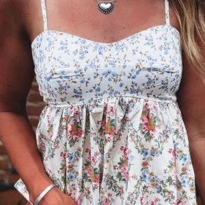White Floral Babydoll Tank Top with Spaghetti Straps