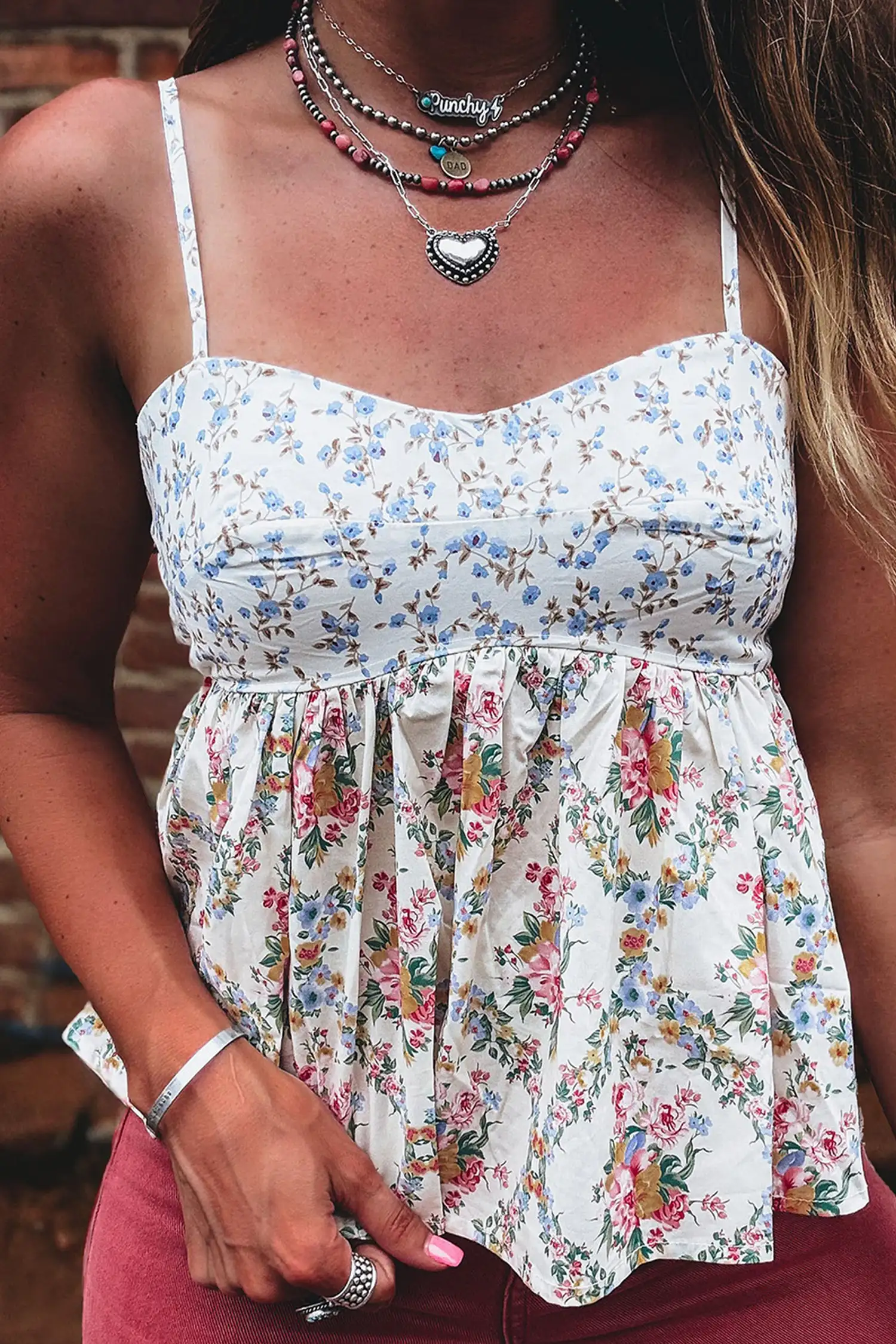 White Floral Babydoll Tank Top with Spaghetti Straps